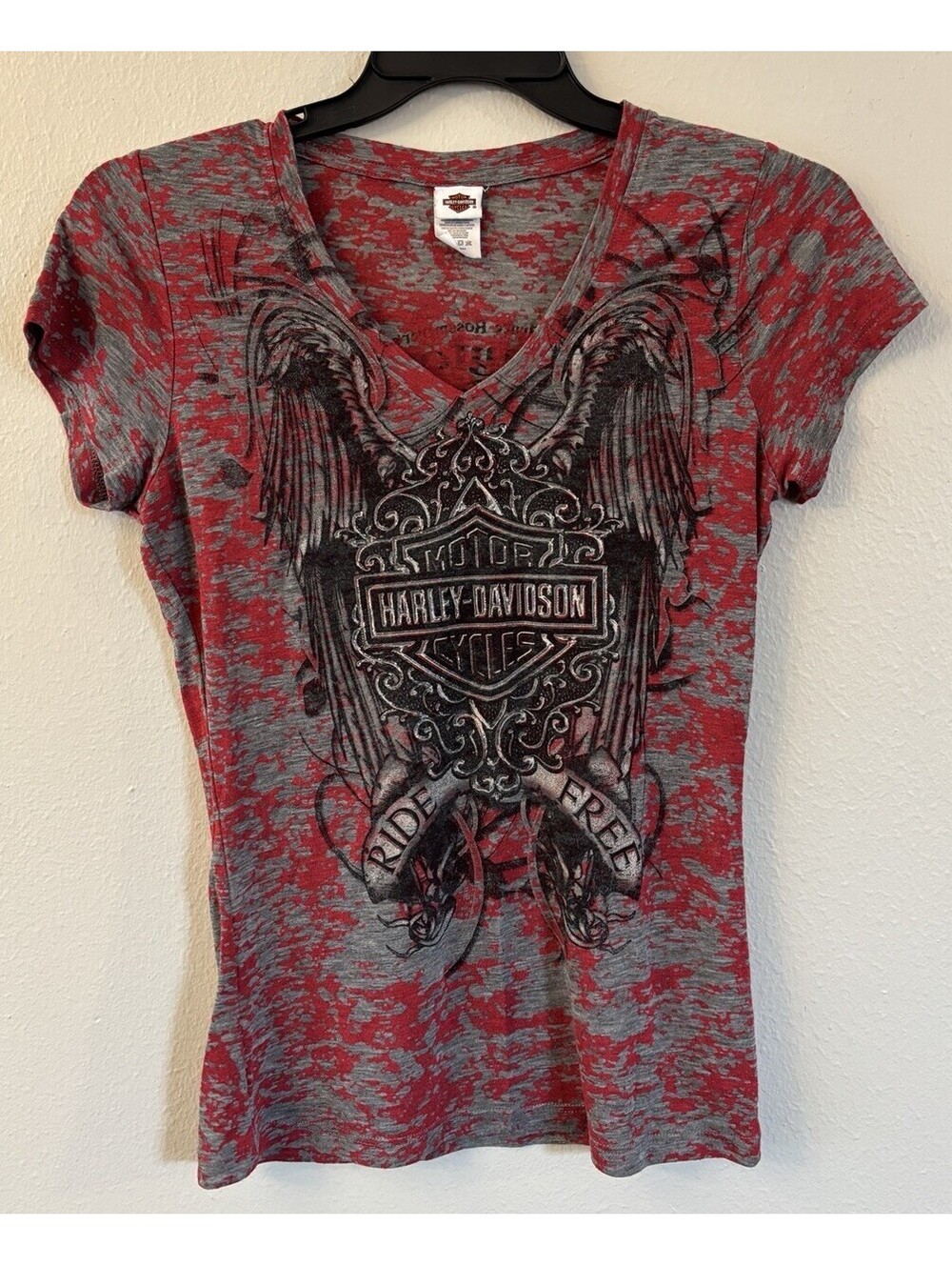 Harley-Davidson Gray Red Black Women’s Short Sleeve T Shirt, Daytona Beach Sz S